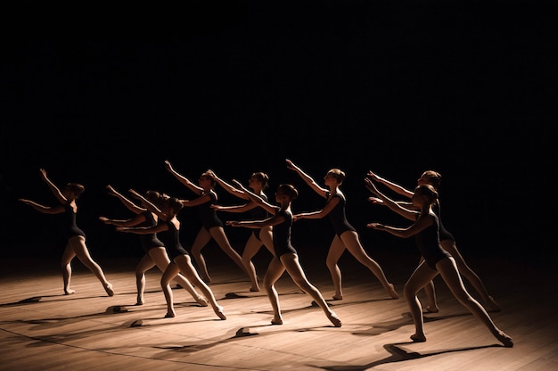 choreographed dance group graceful pretty young ballerinas practicing stage classical ballet school 104603 696